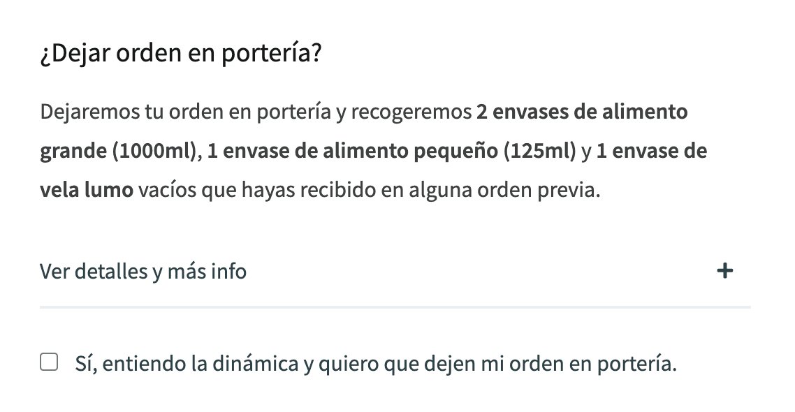 Leave order at home reception option at the checkout with the summary of containers to return in a text format